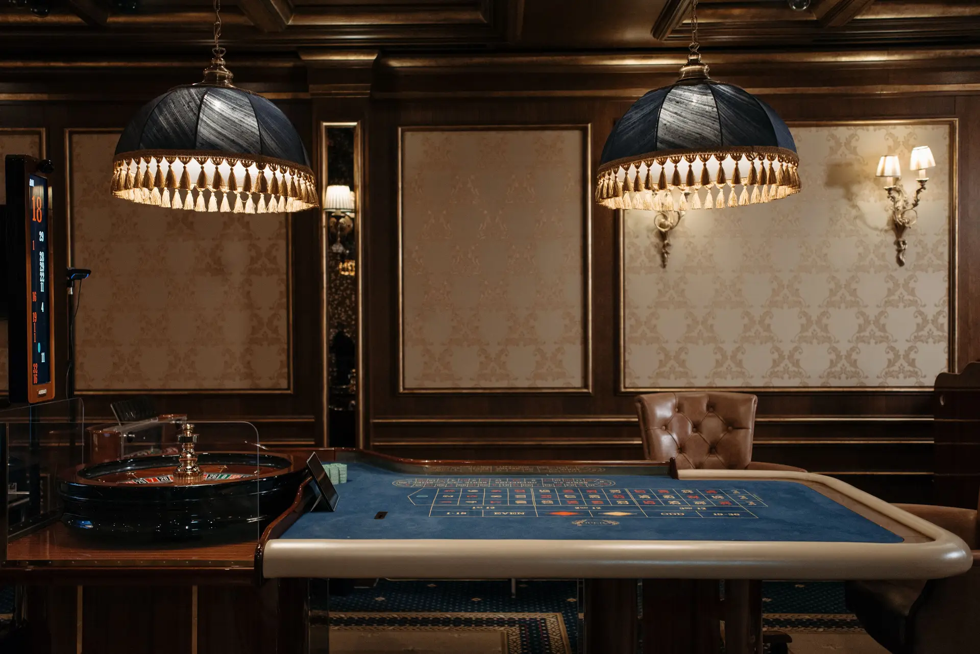 Luxurious casino interior with traditional tables