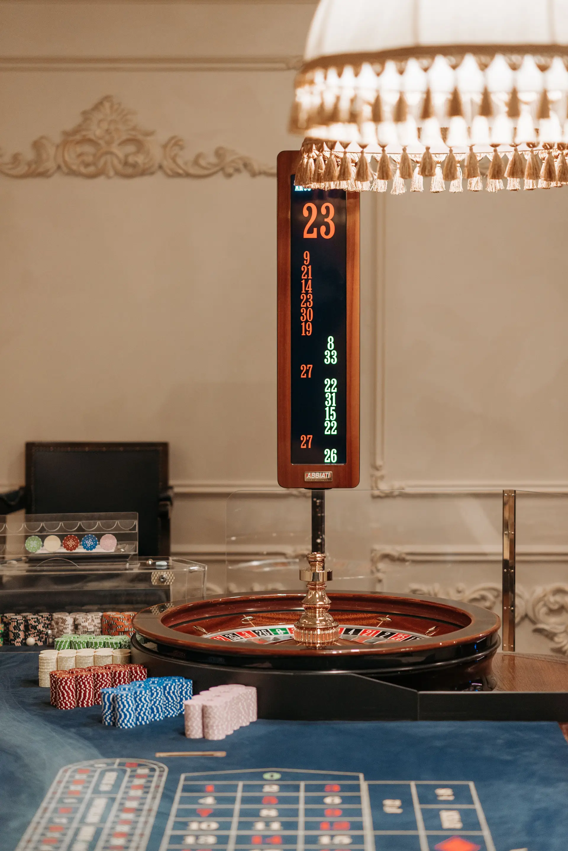 Classic roulette table with brass details
